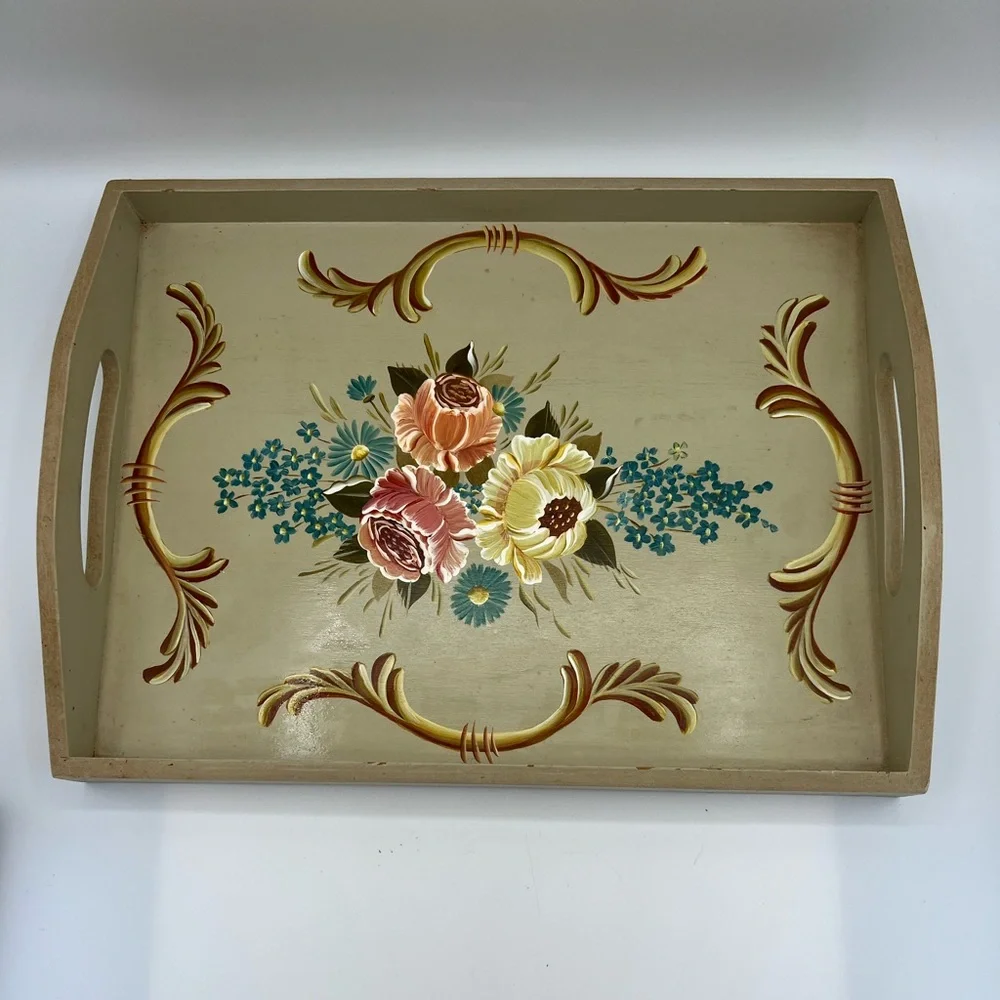 Vintage Wooden Serving Trinket Tray Hand Painted Floral Cottagecore Farmhouse